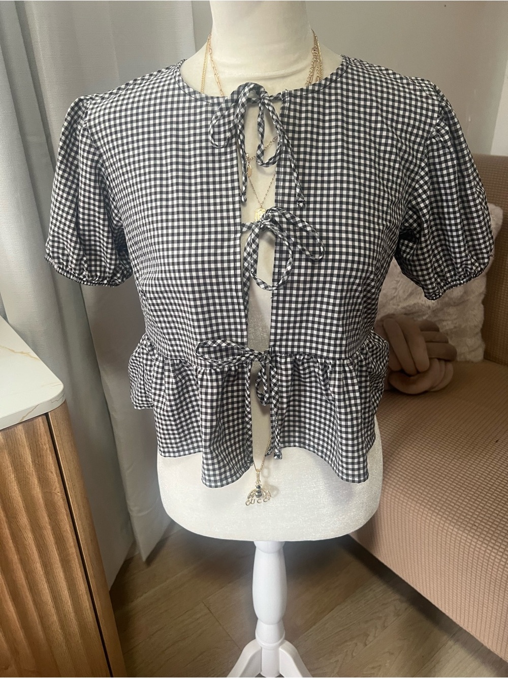 wild fable Black & White Gingham Tie-Front Peplum Top